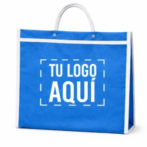 Bolsa mandadera publicitaria personalizada con impresión en ambos lados color azul para negocio medidas 30 x 35