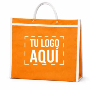 Bolsa mandadera publicitaria personalizada con impresión en ambos lados color naranja para negocio medidas 30 x 35