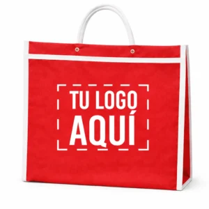 Bolsa mandadera publicitaria personalizada con impresión en ambos lados color rojo para negocio medidas 30 x 35