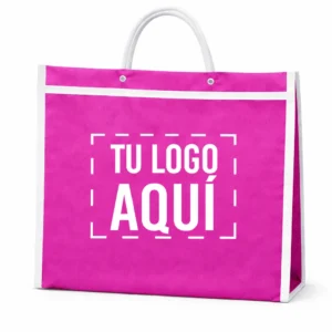 Bolsa mandadera publicitaria personalizada con impresión en ambos lados color fiusha para negocio medidas 30 x 35