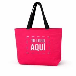 Bolsa mandadera publicitaria personalizada con impresión en ambos lados color rosa para negocio medidas 34 x 30