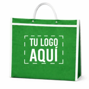 Bolsa mandadera publicitaria personalizada con impresión en ambos lados color verde para negocio medidas 30 x 35